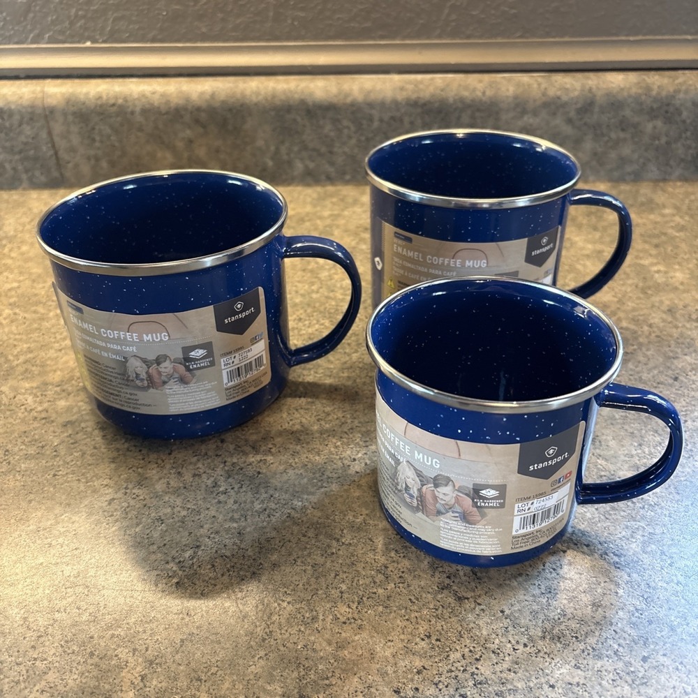 Stansport Enamel Coffee Mugs (set Of 3) 12 & 22 OZ Blue Lightweight For Camping